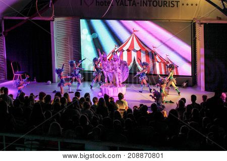 Yalta, Crimea - 11 July, Theatrical performance of teenage girls on stage., 11 July, 2017.
Performance of young artists on the stage of the hotel Yalta Intourist.