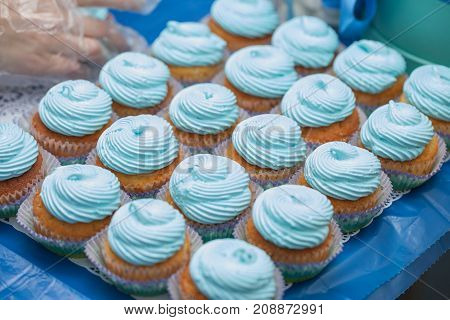 Closeup Of Blue Cupcakes. Selective Focus. Sweet Dessert Tasty Food Concept Muffin Baby Shower Treat