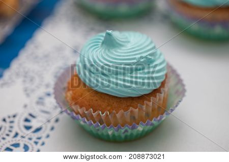 Closeup Of Blue Cupcakes. Selective Focus. Sweet Dessert Tasty Food Concept Muffin Baby Shower Treat