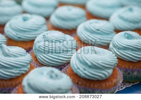 Closeup Of Blue Cupcakes. Selective Focus. Sweet Dessert Tasty Food Concept Muffin Baby Shower Treat