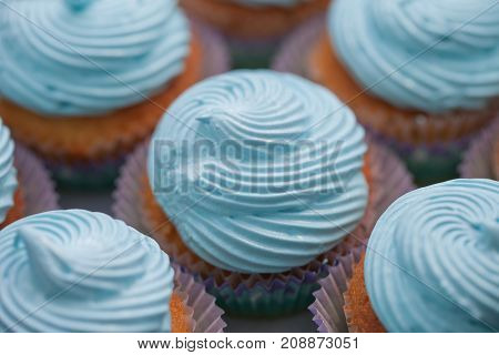 Closeup Of Blue Cupcakes. Selective Focus. Sweet Dessert Tasty Food Concept Muffin Baby Shower Treat