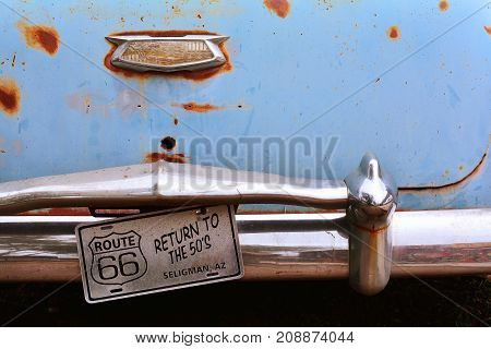 Seligman, Arizona, Usa - July 24, 2017: Rusty abandoned Chevrolet car in Seligman, Arizona. Return to the 50.