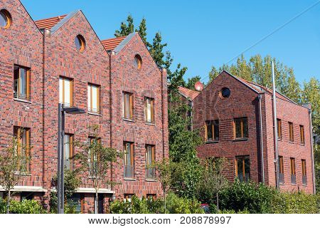Row houses with red bricks seen in Berlin, Germany