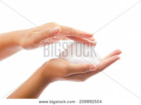 close up foam in two hand isolated on white background.