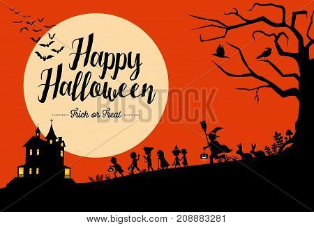 Halloween background, Silhouette of children going trick or treating on a wooden board, Vector Illustration