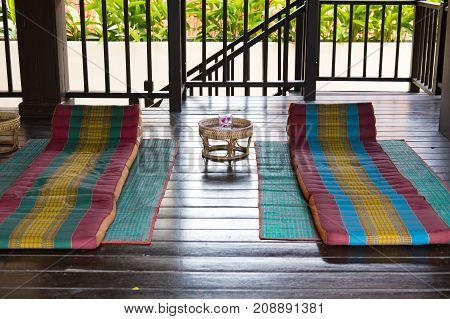 Thai Triangular Backrest Pillow On Mat. Thailand Scatter Cushion Mattress For Spa Massage. Comfortab