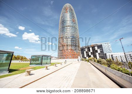 BARCELONA, SPAIN - August 16, 2017: View on the famous Agbar office tower that was designed by French architect Jean Nouvel in Barcelona
