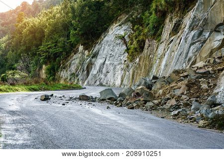 Landslide after heavy raining on Whanganui river road in National Park in Autumn Whanganui North Island of New Zealand