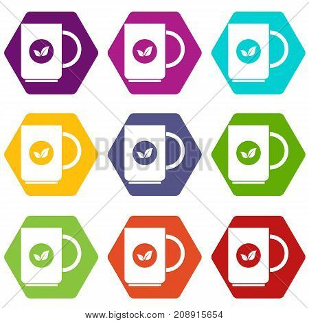 Cup of tea icon set many color hexahedron isolated on white vector illustration