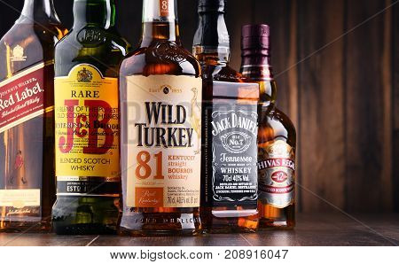 POZNAN POLAND - MAY 17 2017: Whiskey is the most popular liquor in the world. Originated probably in Ireland now it is produced on grand scale also in India Scotland USA Canada and Japan