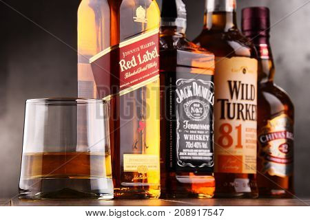 POZNAN POLAND - AUG 24 2017: Whiskey is the most popular liquor in the world. Originated probably in Ireland now it is produced on grand scale also in India Scotland USA Canada and Japan