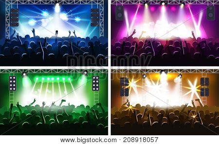 Music festival or concert streaming stage scene with lights fanzone vector illustration party human hands silhouette . Party music scene hands up show