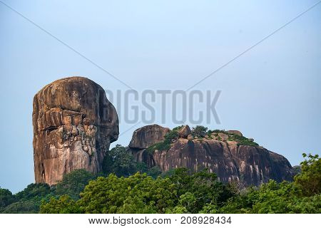 Scenic view with inselberg or monadnock known as Turtle in Yala National Park, Sri Lanka