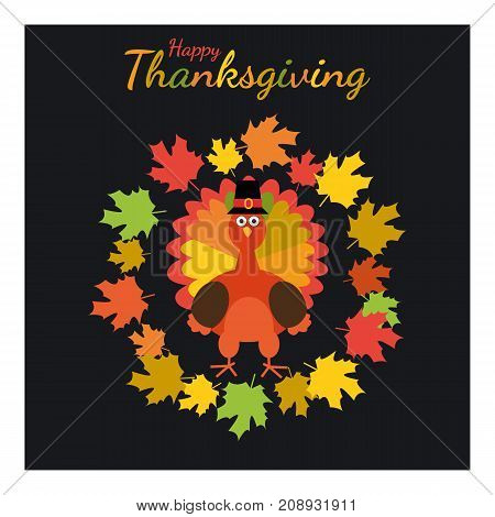 Happy Thanksgiving. Greeting card with funny cartoon turkey and autumnal background. Vector illustration