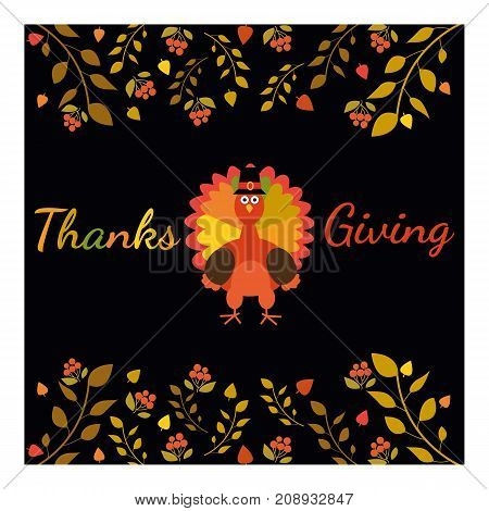 Happy Thanksgiving. Greeting card with funny cartoon turkey autumnal background. Vector illustration