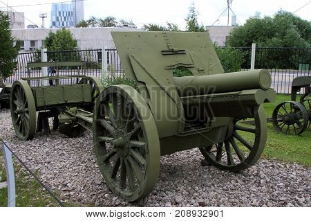 Moscow Russia - July 19 2017: 122-mm Howitzer sample of 1910/30 (USSR) on grounds of weaponry exhibition in Victory Park at Poklonnaya Hill.