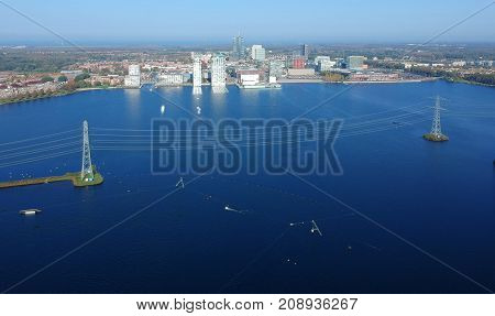 Aerial (drone) shot of skyline Almere - cityscape