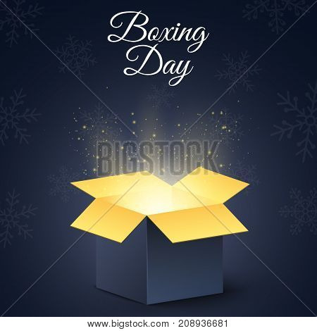 Happy boxing day. A dark golden magic box. Christmas mysterious gift. New Year's snowflakes. Poster for sale. Vector illustration