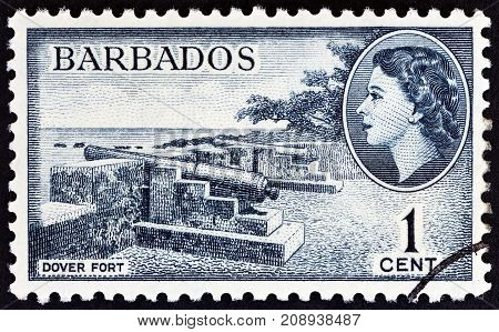 BARBADOS - CIRCA 1953: A stamp printed in Barbados shows Dover Fort and Queen Elizabeth II, circa 1953.