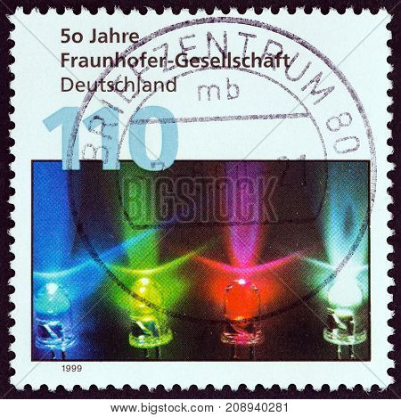 GERMANY - CIRCA 1999: A stamp printed in Germany issued for the 50th anniversary of Fraunhofer Society (for applied research) shows coloured diodes, circa 1999.