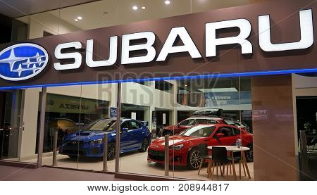 Sydney Australia - October 15 2017: Subaru automobile dealership on Forbes Street. Subaru is the automobile manufacturing division of Japanese transportation conglomerate Subaru Corporation.
