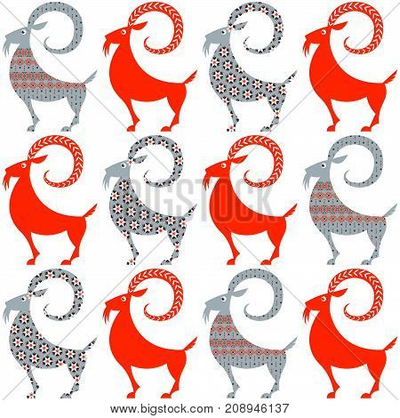 Scandinavian traditional Christmas decoration. Yule Goats with different patterns. Seamless background pattern. Vector illustration