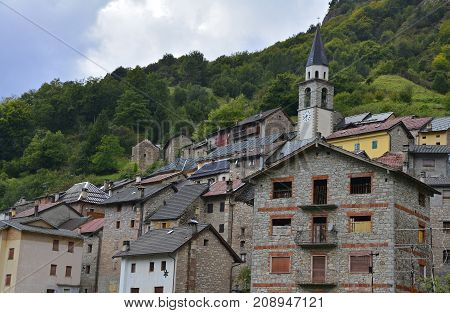 The hill village of Casso in Friuli Venezia Giulia north east Italy. With a population now of only 35 the village is famous locally for having being evacuated following the 1963 Vajont Dam disaster.