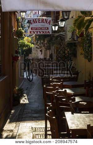 NYDRI, GREECE - OCTOBER 2, 2017: Taverna in the old town of Lefkada in Greece on October 2, 2017.