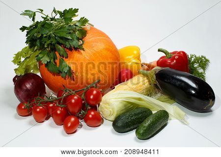 Pumpkin and a set of vegetables for vegetarian kitchen