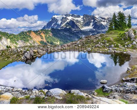 Mount Shuksan Pool Reflection Summer Artist Point Mount Baker Highway Pacific Northwest Washington State Snow Mountain Grass Trees
