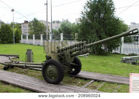 Moscow Russia - July 19 2017: 76-mm Division gun ZIS-3 sample of 1942 (USSR) on grounds of weaponry exhibition in Victory Park at Poklonnaya Hill.