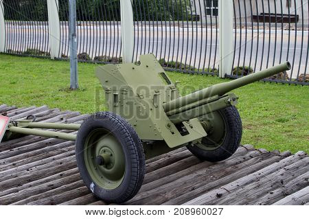 Moscow Russia - July 19 2017: 45-mm anti-tank gun M-42 sample of 1942 (USSR) on grounds of weaponry exhibition in Victory Park at Poklonnaya Hill.
