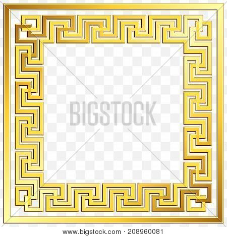 Square frame with traditional vintage Golden Greek ornament, Meander pattern on transparent background. Gold pattern for decorative tiles