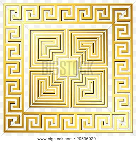 Traditional vintage Golden square Greek ornament, Meander and floral pattern on transparent background. Gold pattern for decorative tiles
