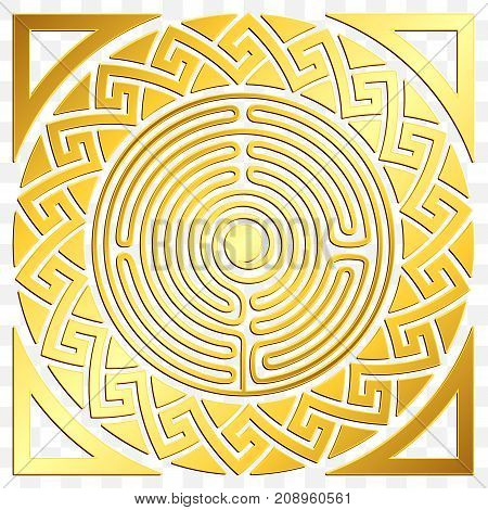 Traditional vintage Golden round Greek ornament, Meander and floral pattern on transparent background. Gold pattern for decorative tiles