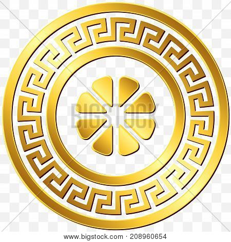 Traditional vintage Golden round Greek ornament, Meander and floral pattern on transparent background. Gold pattern for decorative tiles