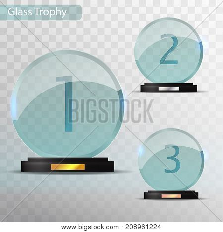 Glass Trophy Award. Set Of Cups - First, Second And Third Place. Prize Template. Glass Trophy Mockup