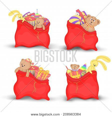 Set Christmas red bags of gifts and toys. Cute Christmas bags Santa Claus. Isolated on a white background. Soft toy Teddy bear and yellow rabbit.