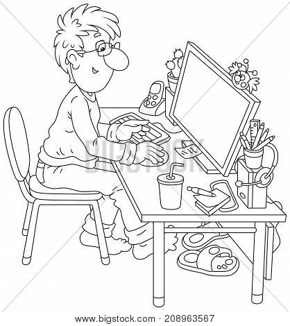 Vector illustration of a computer user sitting at his desk in front of a monitor