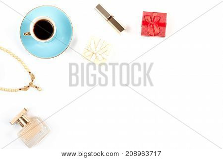 Female luxery accessories flat lay, white background , copy space