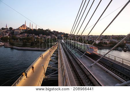 Golden Horn Metro Bridge in Istanbul City Turkey