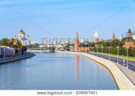 moscow cityscape view of Moscow Kremlin and embankment of Moscow river in Moscow Russia