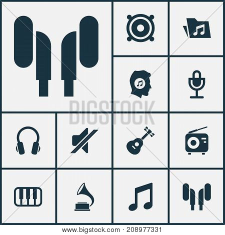 Audio Icons Set. Collection Of Tuner, Silence, Earmuff And Other Elements