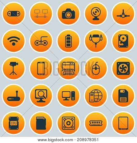 Hardware Icons Set. Collection Of Diskette, Camcorder, Radio Set And Other Elements