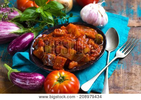 Best Italian Food - Sicilian Caponata With Eggplants, Tomatoes, Onion, Garlic And Herbs