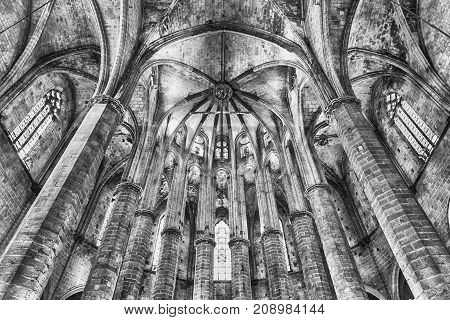 Interior Of Santa Maria Del Mar In Barcelona, Catalonia, Spain