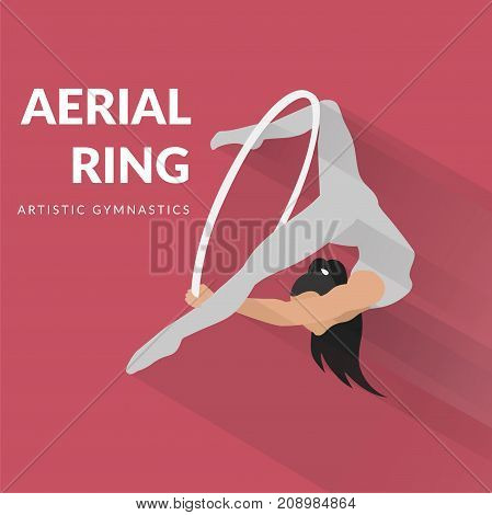 Woman gymnast aerial ring, isolated on pink. Aerial hoop. Beautiful dance sport and fitness logo.