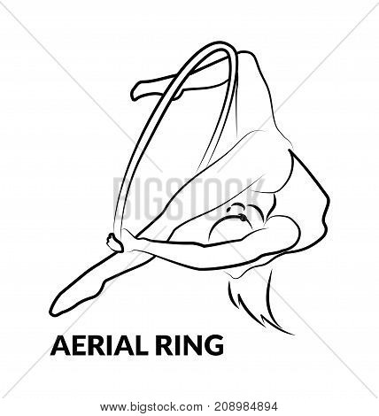 Woman gymnast aerial ring, line design, isolated on white. Aerial hoop. Beautiful dance sport and fitness logo.