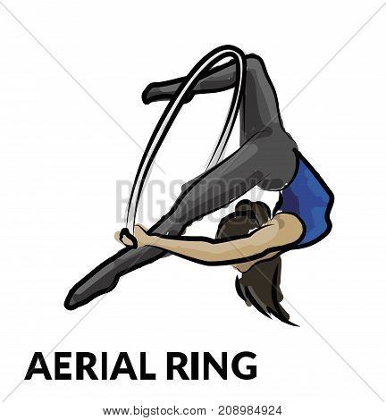 Woman gymnast aerial ring, sketch. Aerial hoop. Beautiful dance sport and fitness logo.