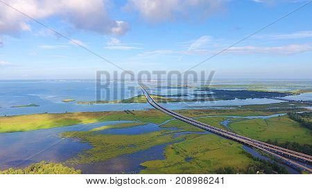 Summer morning above Mobile Bay and interstate 10